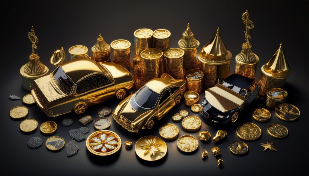 fortuna, dinheiro, ouro, carros, iates, jóias, festa, alegria, riqueza