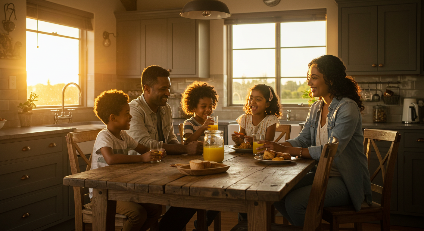 Família feliz tomando suco em casa